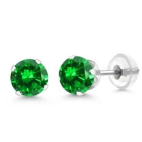Gem Stone King 14K White Gold Green Simulated Emerald Stud Earrings for Women Men (2.00 Ct Round 6MM)