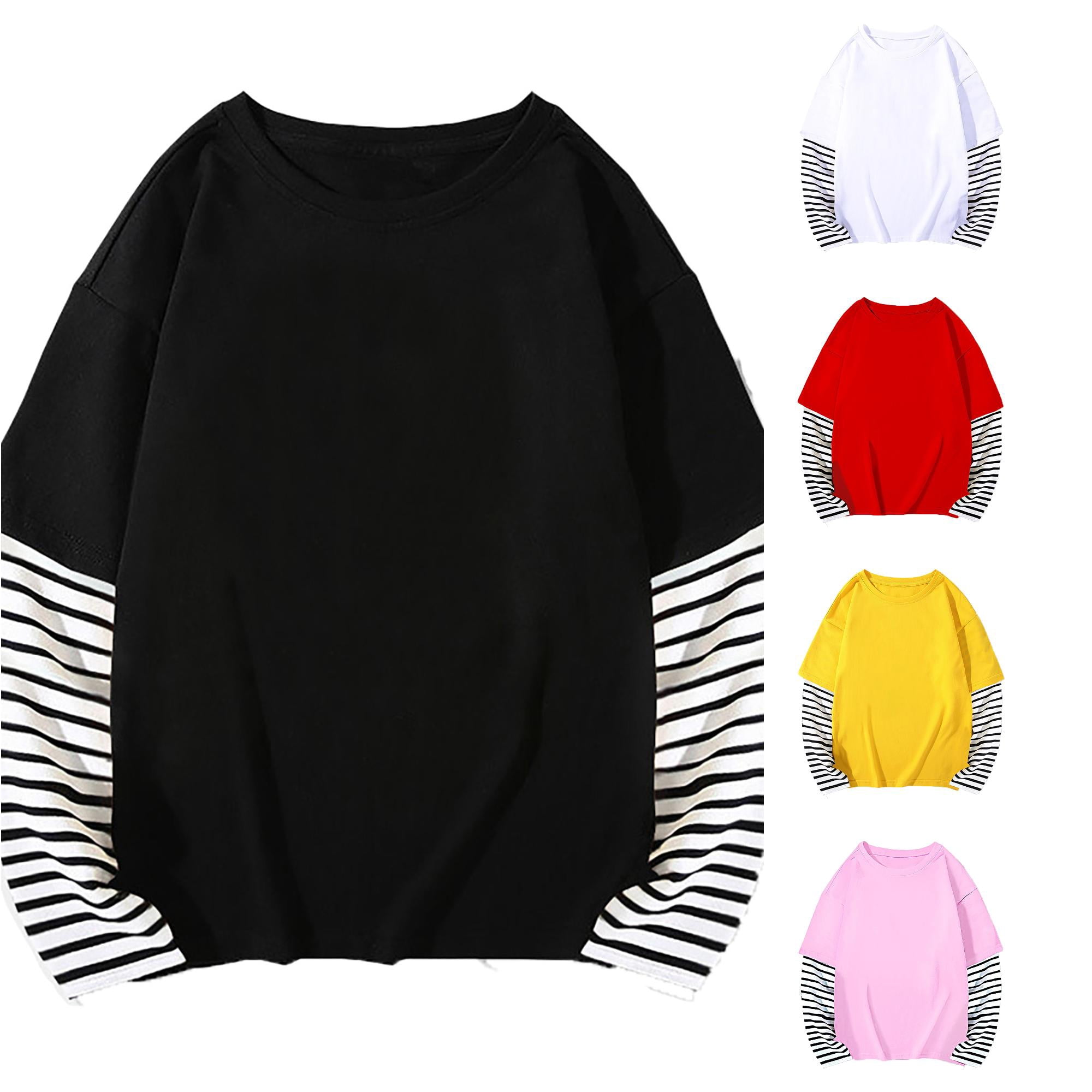 Sweatshirt Girls Boys Kids Spring Fall Patchwork Long Sleeve Cottonblend False Two Piece Striped Top Stylish T Shirt Kids for Girls 8-9 Years