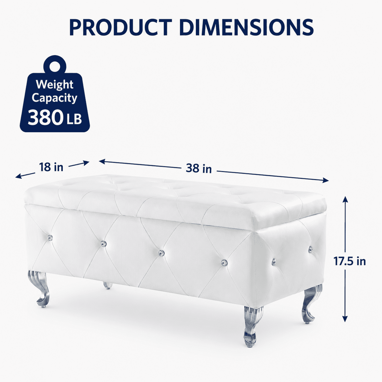 Aukfa 38" Upholstered Storage Ottoman Bench with Hidden Storage, Crystal Tufted Faux Leather Bed Bench, 380 lb, White