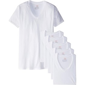 Hanes Men's 6-Pack Best Tagless Ring Spun Cotton V Neck Short Sleeve T-Shirts (White, L (42-44))