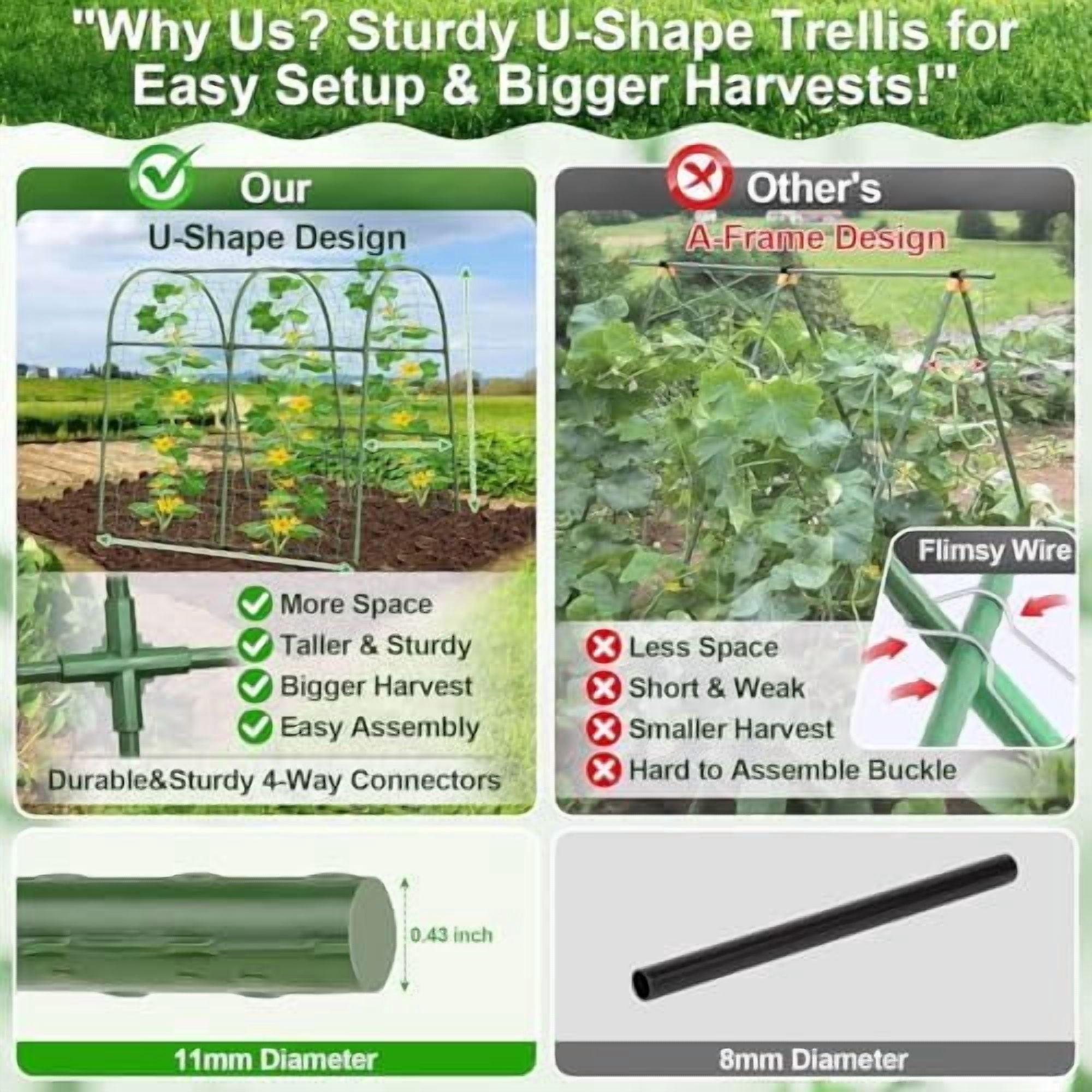 Cucumber Trellis for Raised Bed Garden, U-Shape Arch Trellis for Climbing Plants Outdoor, Metal Vegetables Trellis with Netting, Garden Trellis for Cucumber Plants Sweet Pea Bean Grape