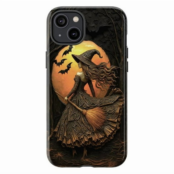 Enchanted Halloween Witch iPhone Case, Vintage Gothic Witch with Broom and Bats Under Full Moon, Spooky Fall Aesthetic, Compatible with iPhone 16 15 14 13 12 11 Pro Max