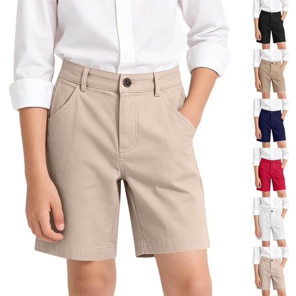 Tqyyweavej Kids, Boys and Girls Uniform Shorts Button Zip Straight Leg Bermuda Shorts Solid Color Dress School Shorts with Pockets 5-16Y