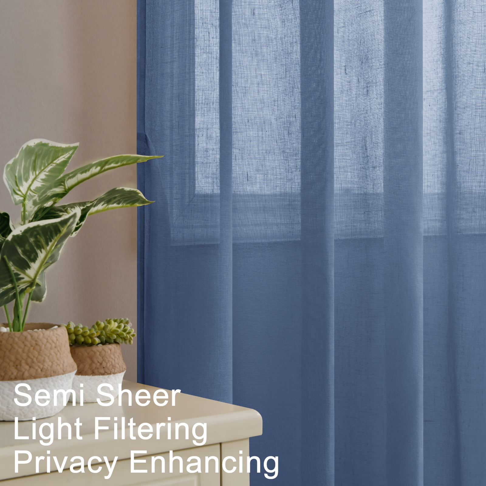 XWZO Semi Sheer Linen Curtains,Privacy Enhancing & Light Filtering Rod Pocket Drapes for Living Room with Tiebacks(Denim,W52 x L84 Inch,2 Panels)