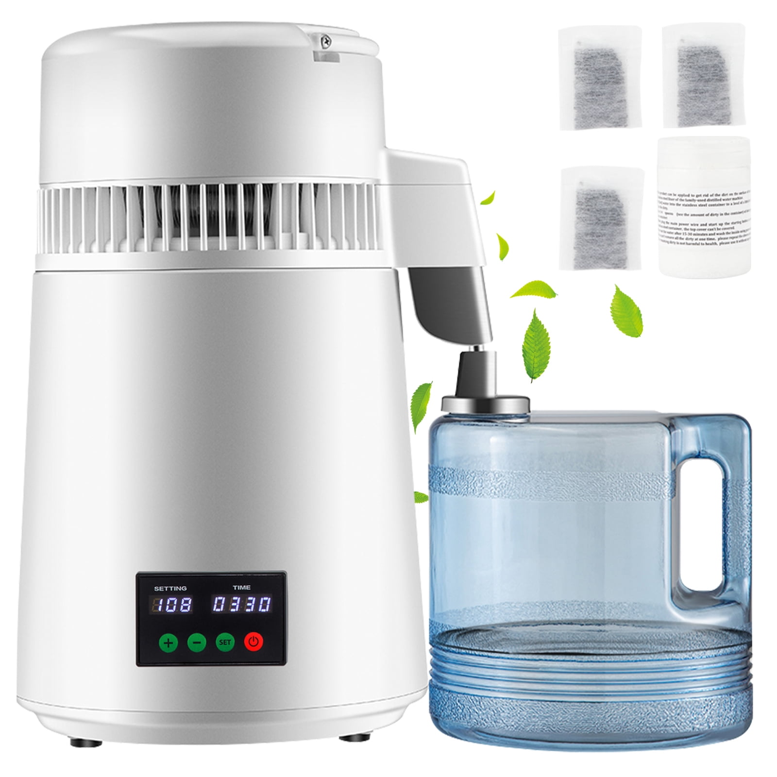 KFFKFF Water Distiller 1.1Gal Capacity, 750W, 0.3Gal/H Output with Temp Control and 0-99H Timer, Includes Plastic Jug, Cleaning Agent, and 3 Carbon Filters, Made from 304 Stainless Steel, White