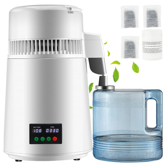 KFFKFF 1.1Gal Water Distiller 0.3 Gal/H Distilled Water Maker Machine, Plastic Carafe Cleaning Powder 3 Carbon Packs,750W