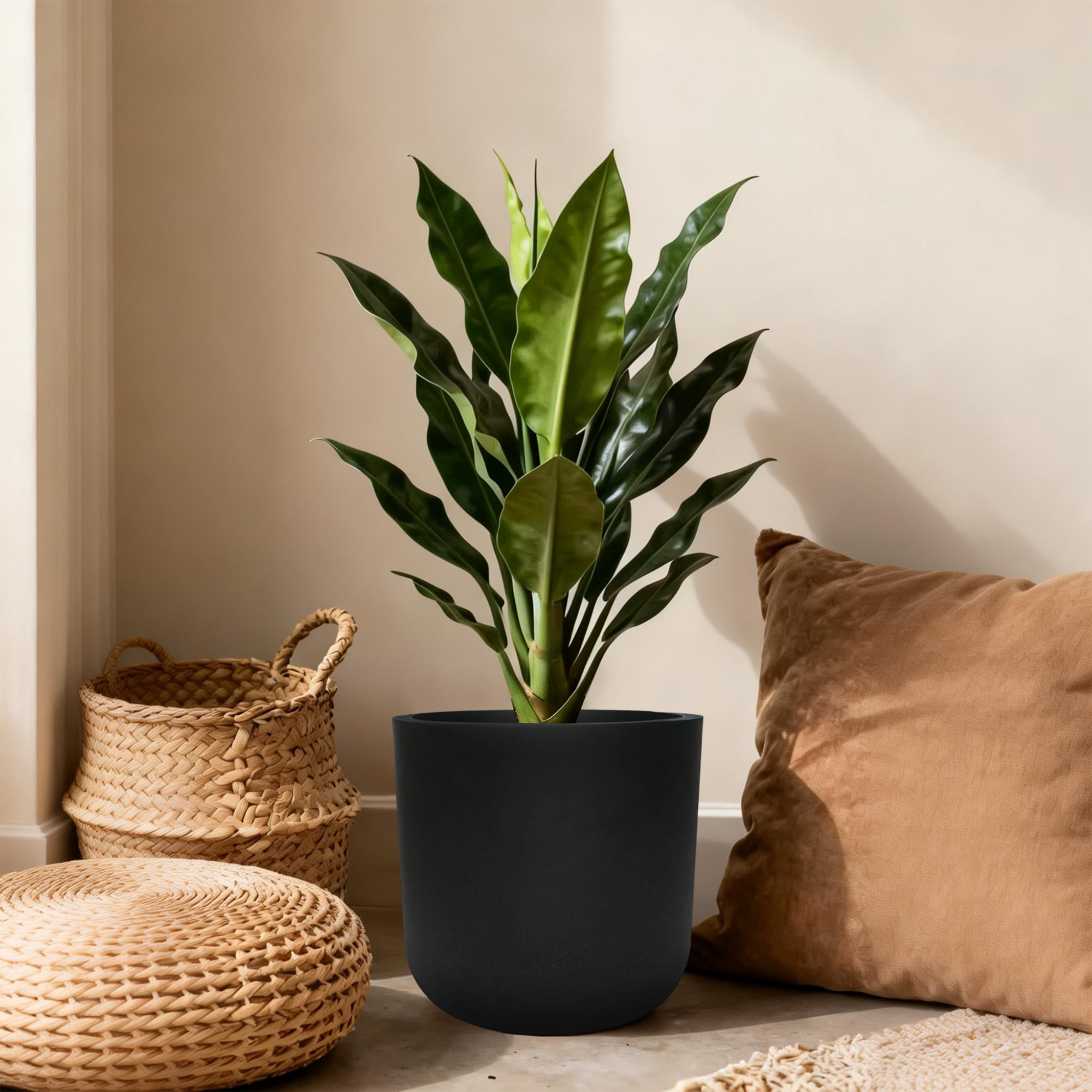 STONE LITE 11.6" x 11.6" x 11" Cylinder Black Plastic Planter Pot with Drainage Holes and Plug