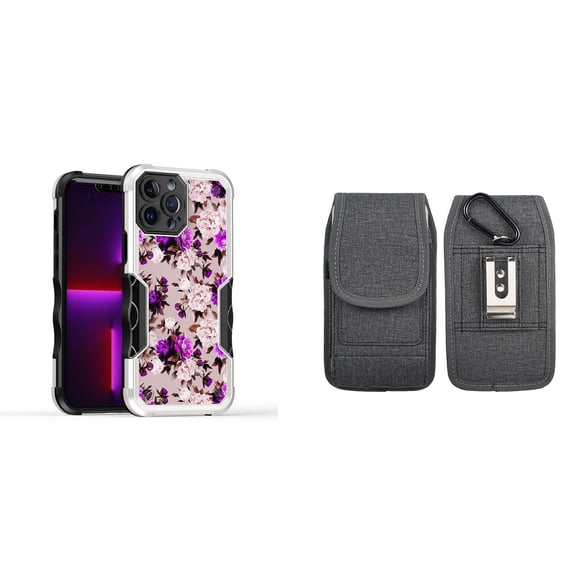 Case and Pouch Bundle for iPhone 14: Heavy Duty Armor Rugged Case (Purple Pink Flowers) and Vertical Nylon Fabric Belt Holster (Grey)