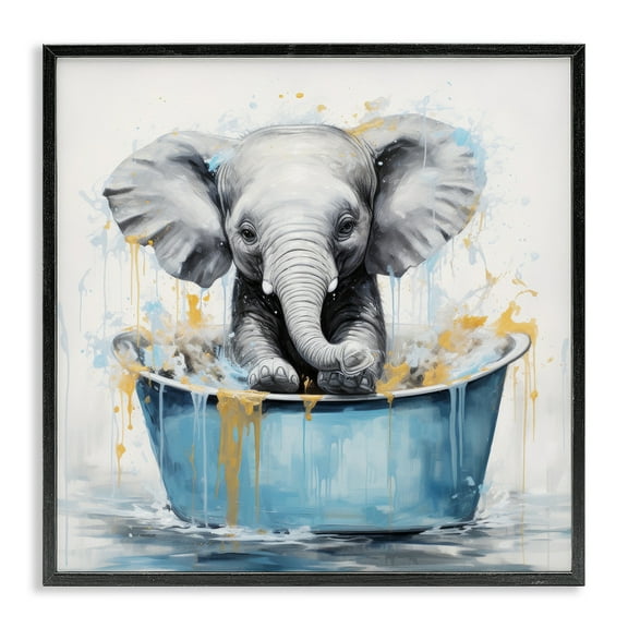 Stupell Industries Bathing Baby Elephant Typography Painting Black Framed Art Print Wall Art, 12 x 12