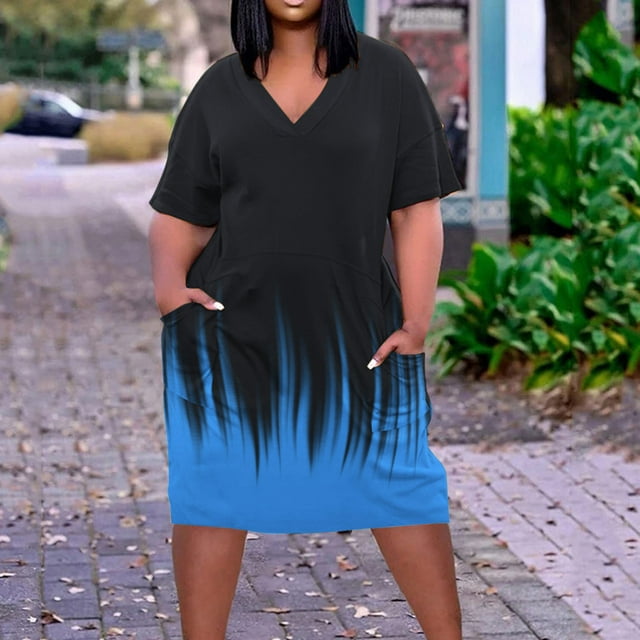 Puntoco Vestido De Manga Corta Con Cuello En V, Vestido De Talla Grande Con Cuello En V Y Manga Corta Para Mujer, Color Azul Xxl