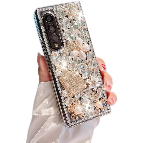for Samsung Galaxy Z Fold 5 5G Case,Luxury Bling Diamond Rhinestone Gemstone 3D Perfume Bottle and Flower Gemstone Soft TPU Back Cover Case for Women Girls with Galaxy Z Fold 5 (2023)