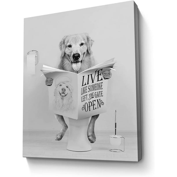 Dog Wall Art Bathroom Decor Black and White Golden Retriever Sitting in