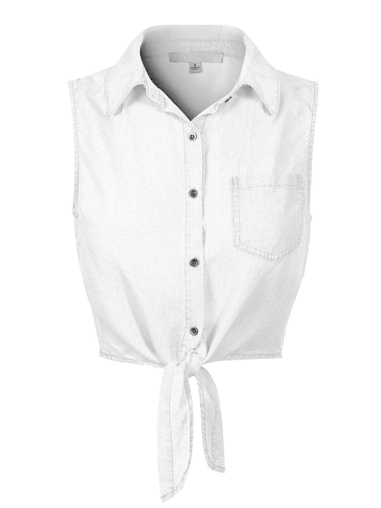 Made by Olivia Women's Sleeveless Button Down Tie Front Knot Chambray Shirts  White S 