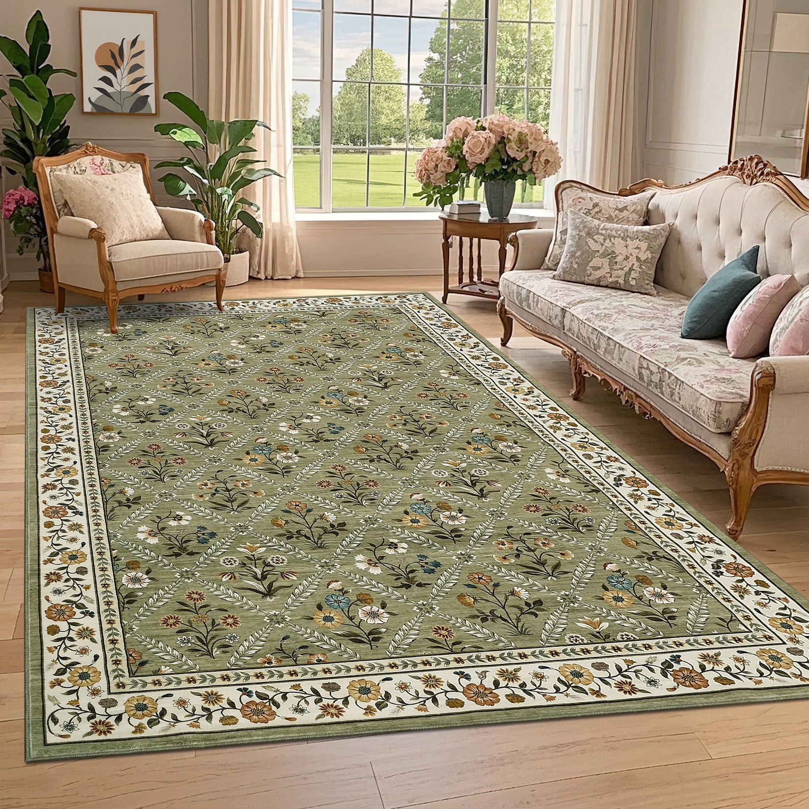 Senfot 8x10 Floral Print Area Rug Machine Washable Non-Slip Stain Resistant Low Pile Bordered Farmhouse Rug for Living Room Bedroom Home Office Green