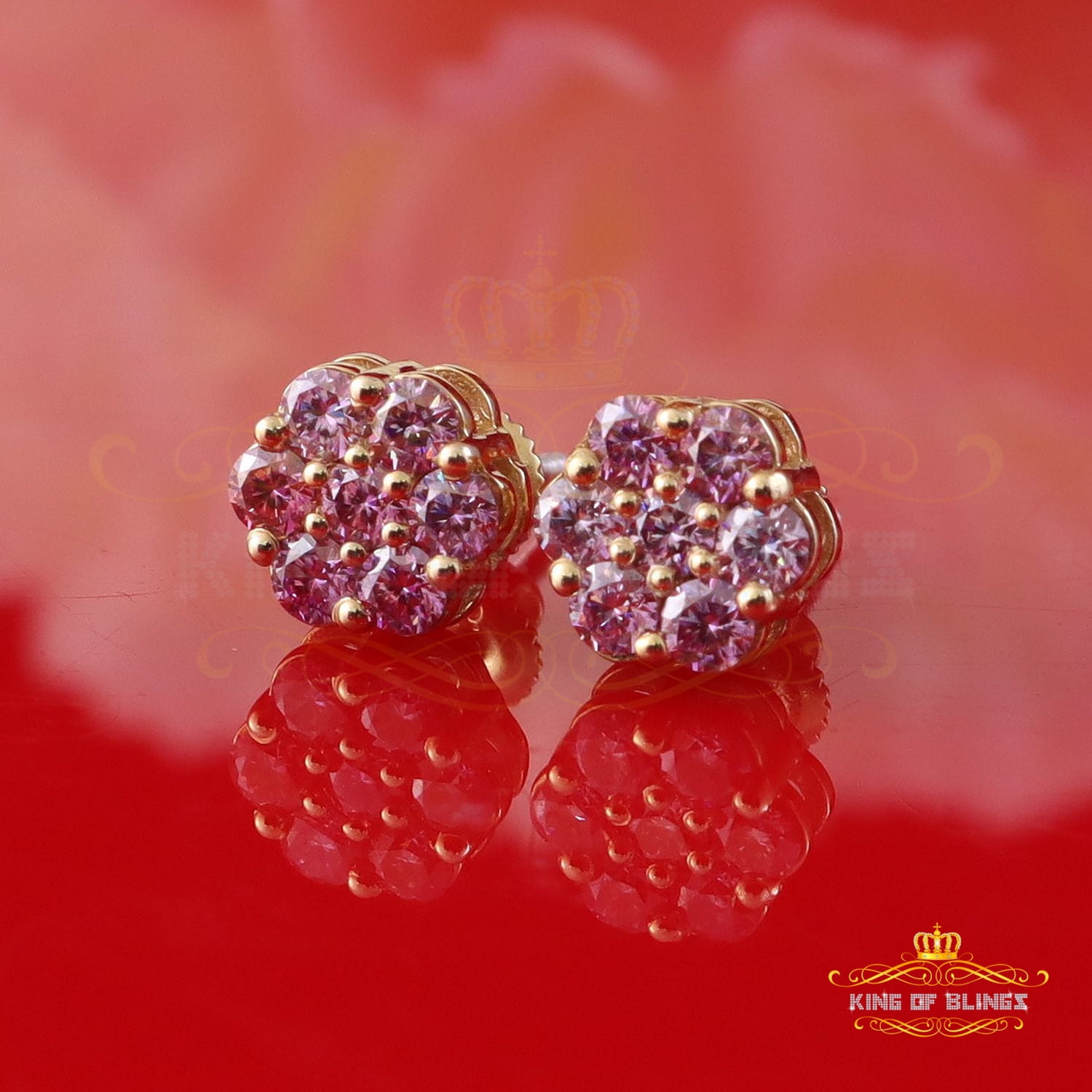 King of Bling's 925 Silver Yellow 1.00ct VVS D Pink Moissanite Floral Stud Earrings Mens/Women