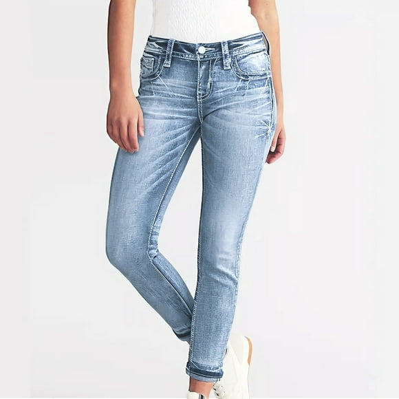 Hivin Women's Denim Jeans with Embroidered Pockets, Low-Rise Slim Fit, for Casual and Daily Wear