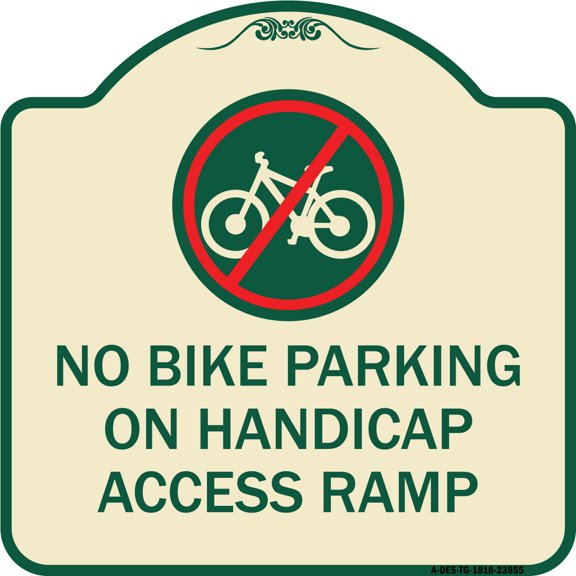 SignMission Designer Series Sign - No Bike Parking on Handicap Access Ramp | Tan & Green 18" X 18" Heavy-Gauge Aluminum Architectural Sign | Protect Your Business & Municipality | Made