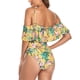 thumbnail image 4 of Traje de baño adelgazante amarillo con control de abdomen, diseño de secado rápido, traje de baño de una pieza con volantes florales XL, 4 of 6