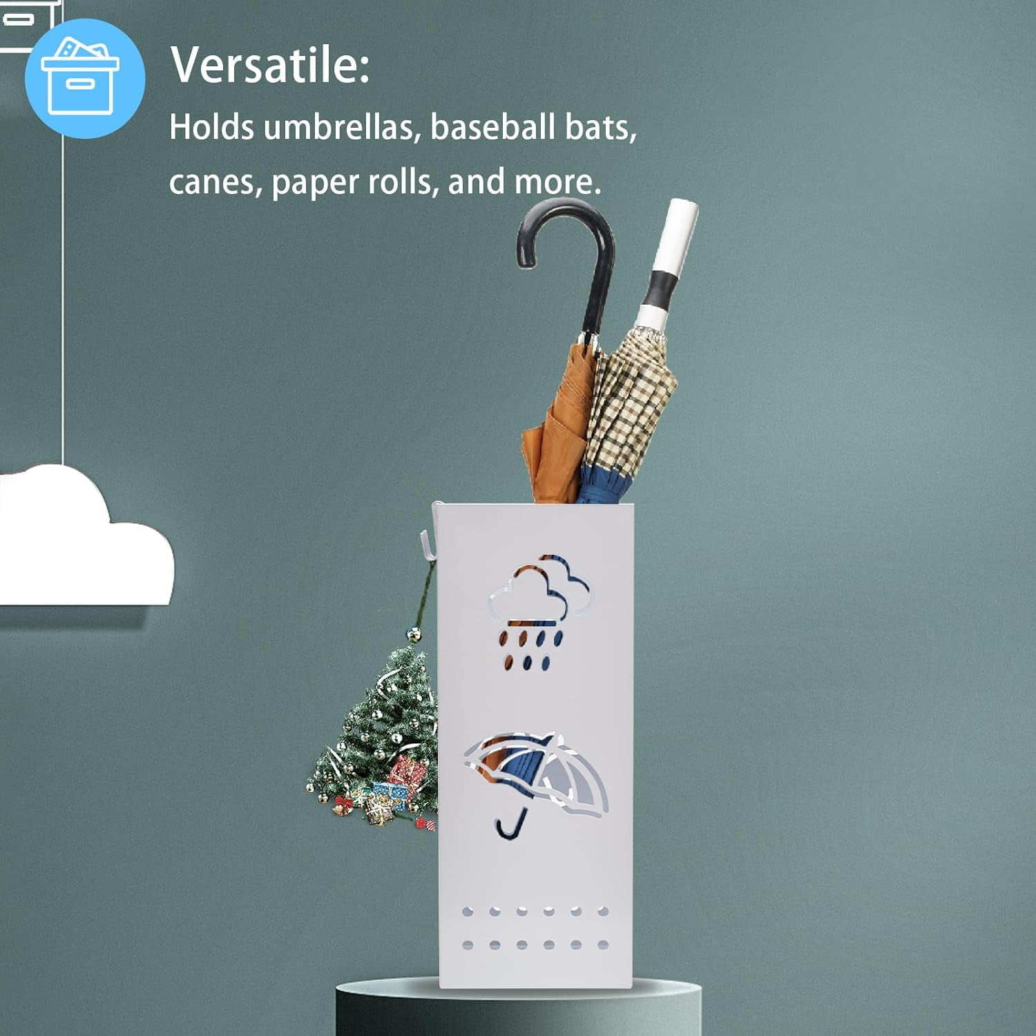 Metal Umbrella Stand for Entryway, White Square Umbrella Organizer Bin, Free Standing Umbrella Holder for Walking Sticks, Home Office Decor