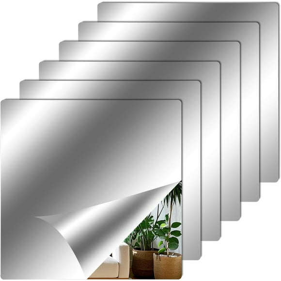 ERDS-6 PCS Acrylic Mirror Tiles Mirror Sheets Self Adhesive Mirror Square Mirror Non-Glass Mirror for DIY Craft Home Walls Decor