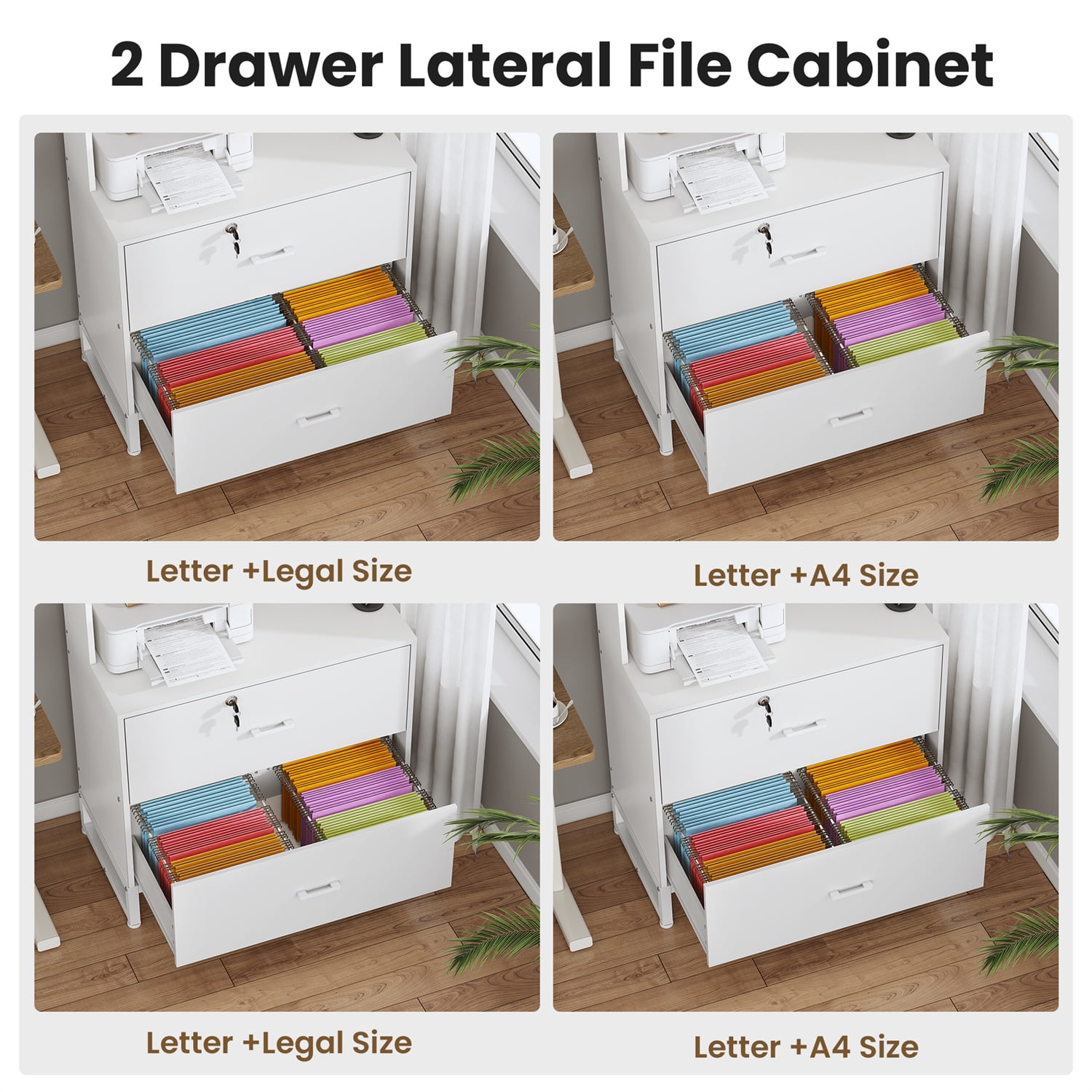 File Cabinet with Power Outlets and LED Lights, Vertical Filing Cabinet with 2 Lockable Drawers, Large Cabinet with Glass Doors for Office, White