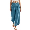 thumbnail image 2 of Oksale Boho Pants for Women Petite Pull On Cozy Cotton Pants with Pockets Elastic High Waist Summer Casual Pants Loose Wide Leg Trousers Blue M, 2 of 7