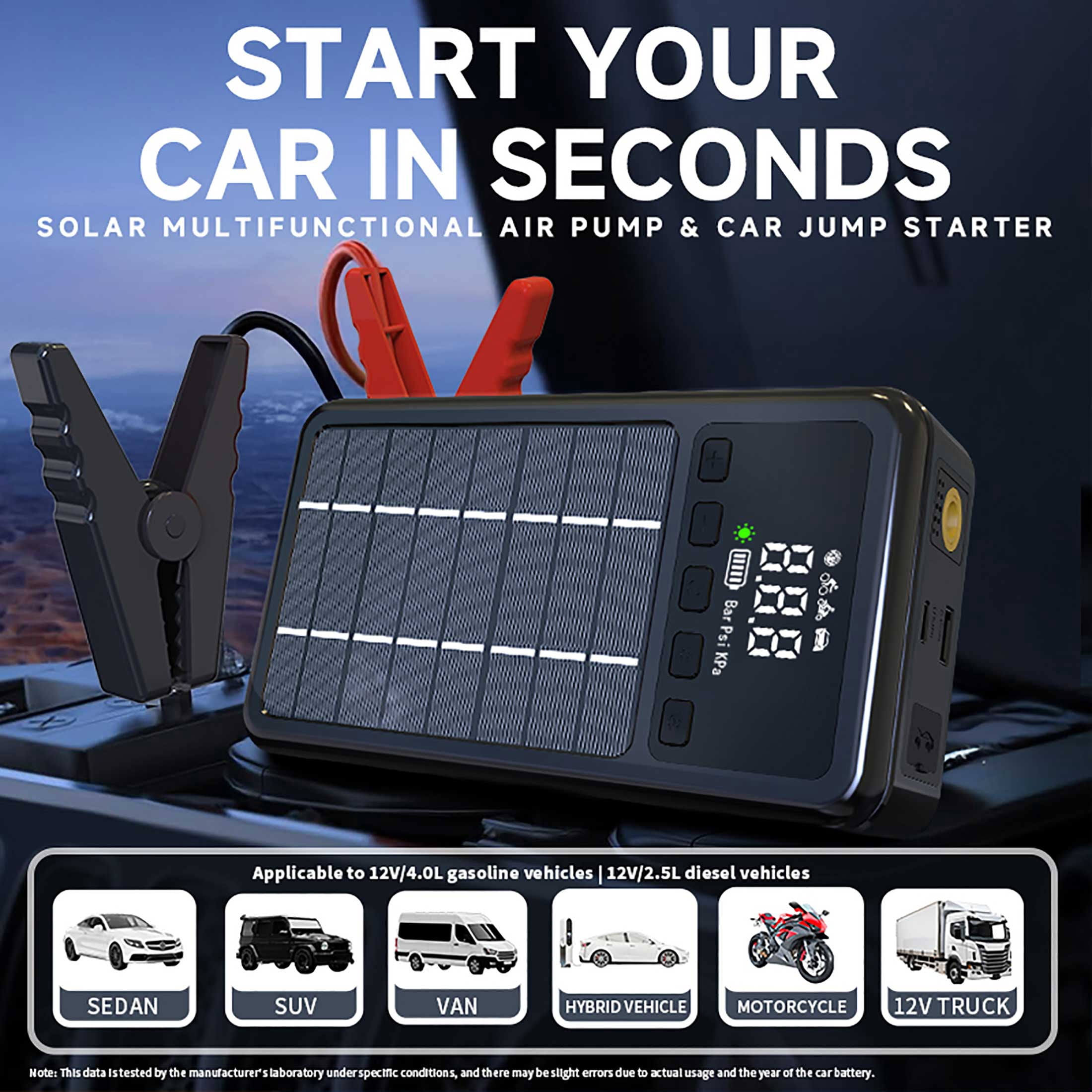 10000mAh Car Jump Starter with Air Compressor Solar charging 150PSI,12V Car Battery Charger Jumper Starter, LED Screen, 3 Modes Flashlight