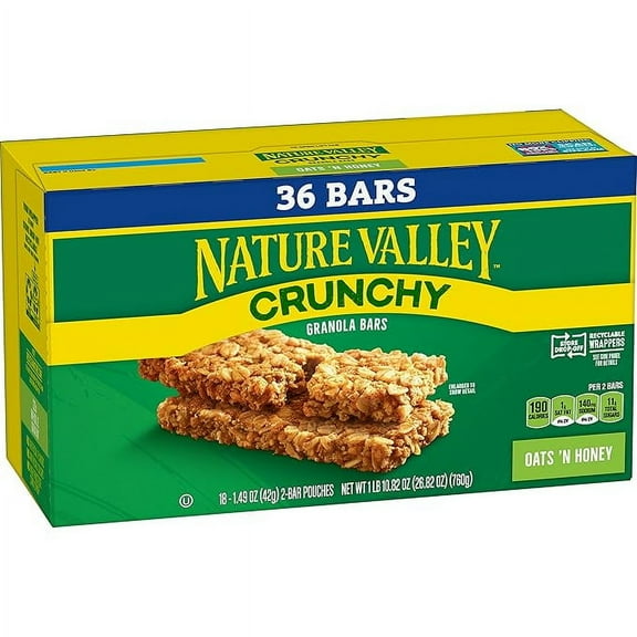 Nature Valley Crunchy Granola Bars, Oats 'n Honey, 36 Bars, 26.82 OZ (18 Pouches)
