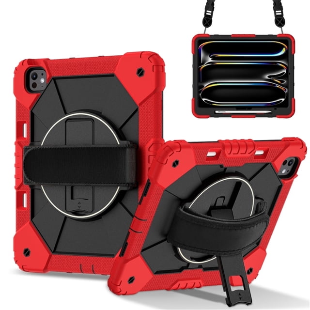 Funda Resistente a Golpes para iPad Pro 13 2025 / 2024, Silicona Anti Caída + Capa Protectora de PC con Asa Giratoria de 360°, Soporte, Correa para el Hombro, Rojo