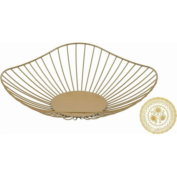 Antique Curved Edge Fruit Basket for Kitchen Gold Wire Basket Fruit Bowl for Home Decor Metal Wire Fruit Holder for Fruit Vegetable Snacks