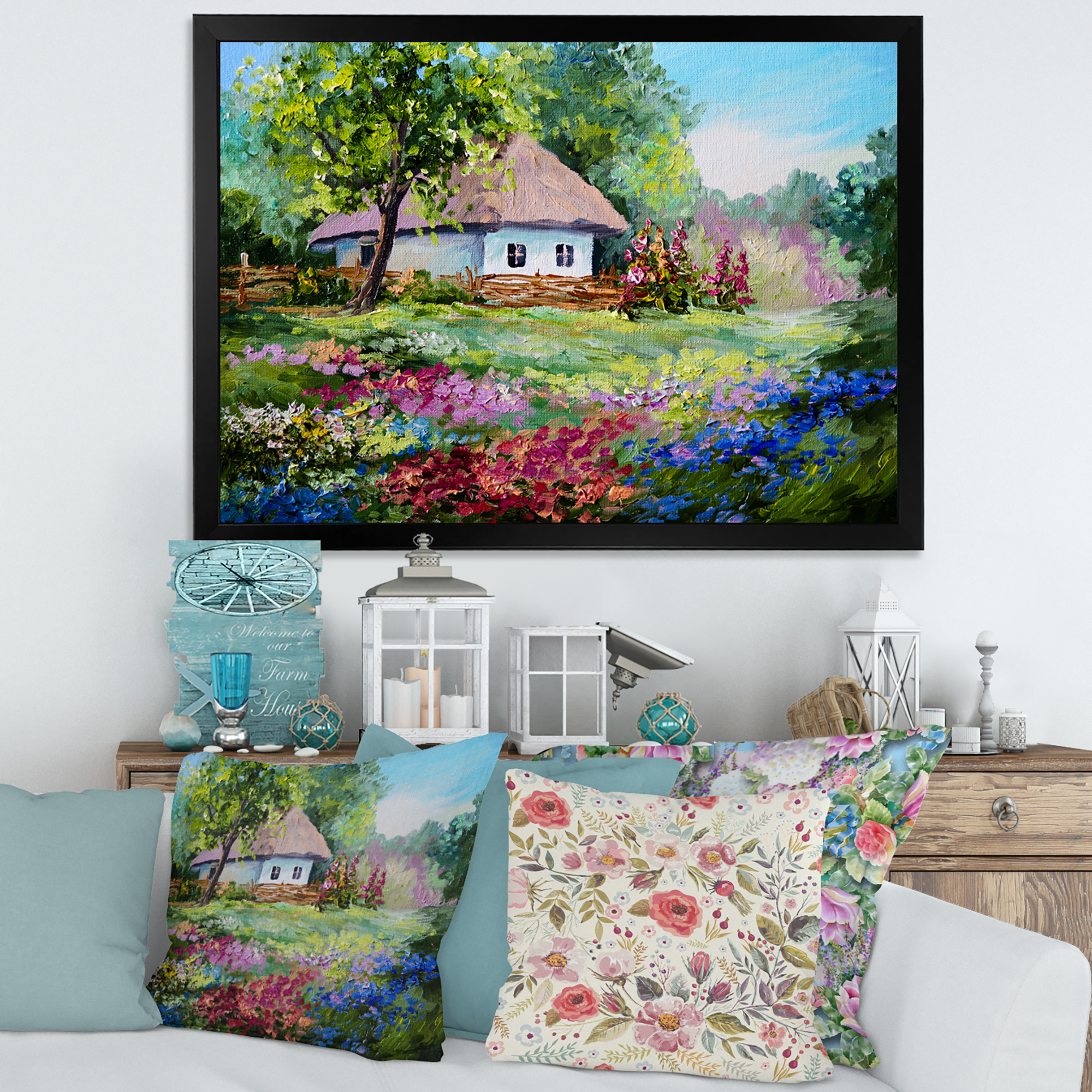 Designart 'House With Blossoming Flowers On The Mountain I' Traditional Framed Art Print