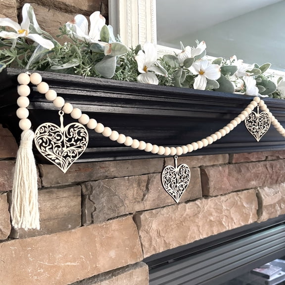 Inspired Indigo Heart Wood Bead Garland, Fireplace Mantel Decor for Valentine's Day