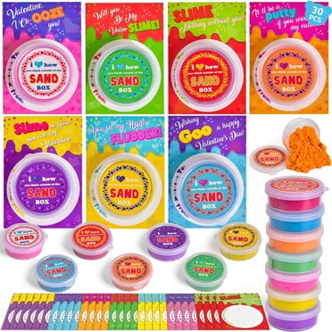 Valentines Day Gifts for Kids 30Pcs Valentine Play Sand Slime with Cards, Stress Relief Fidget Toy  for Kids Party Favor, Classroom Exchange Prizes, Valentine Party Favor