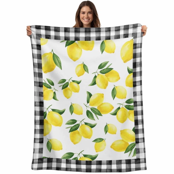 Yellow Lemon Blanket Soft Cozy Warm Throw Blanket for Couch, Plush Fuzzy Flannel Fleece Blankets for Sofa, Summer Botanical Black Plaid Farmhouse Bed Blankets Lightweight Gifts for Women, 40"x50"