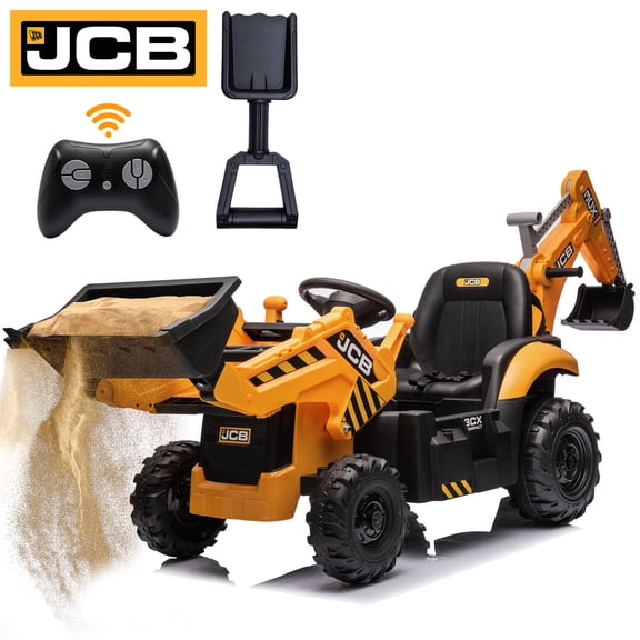 iYofe 24V JCB Ride on Excavator Toy, 3-in-1 Battery Powered Electric Tractor Car with Reversible Seat, Remote Control & Bluetooth, Backhoe for Kids 3-6, Yellow