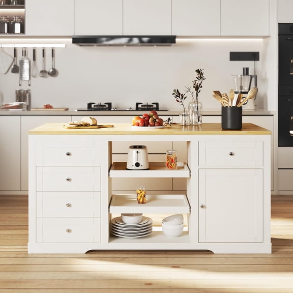 Heynemo 59 Inch Large Kitchen Island with Power Outlet, Farmhouse Thick Table Top Drawer, Organized Storage Space with Rubber Wood Drop-Leaf Countertop, White & Oak