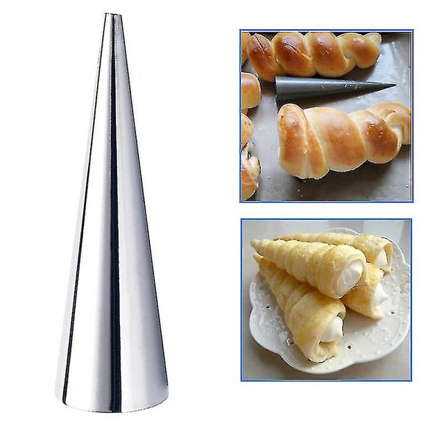 10 pcs stainless steel pastry croissant mould cone tubes cake bread baking tool — Tubo cónico de acero inoxidable pulido en primer plano, con imágenes pequeñas de rollos tipo croissant horneados sobre los moldes y conos rellenos de crema; juego reutilizable de 10 formas para hornear mini rollos y decorar pastelería, fácil de limpiar según especificaciones.