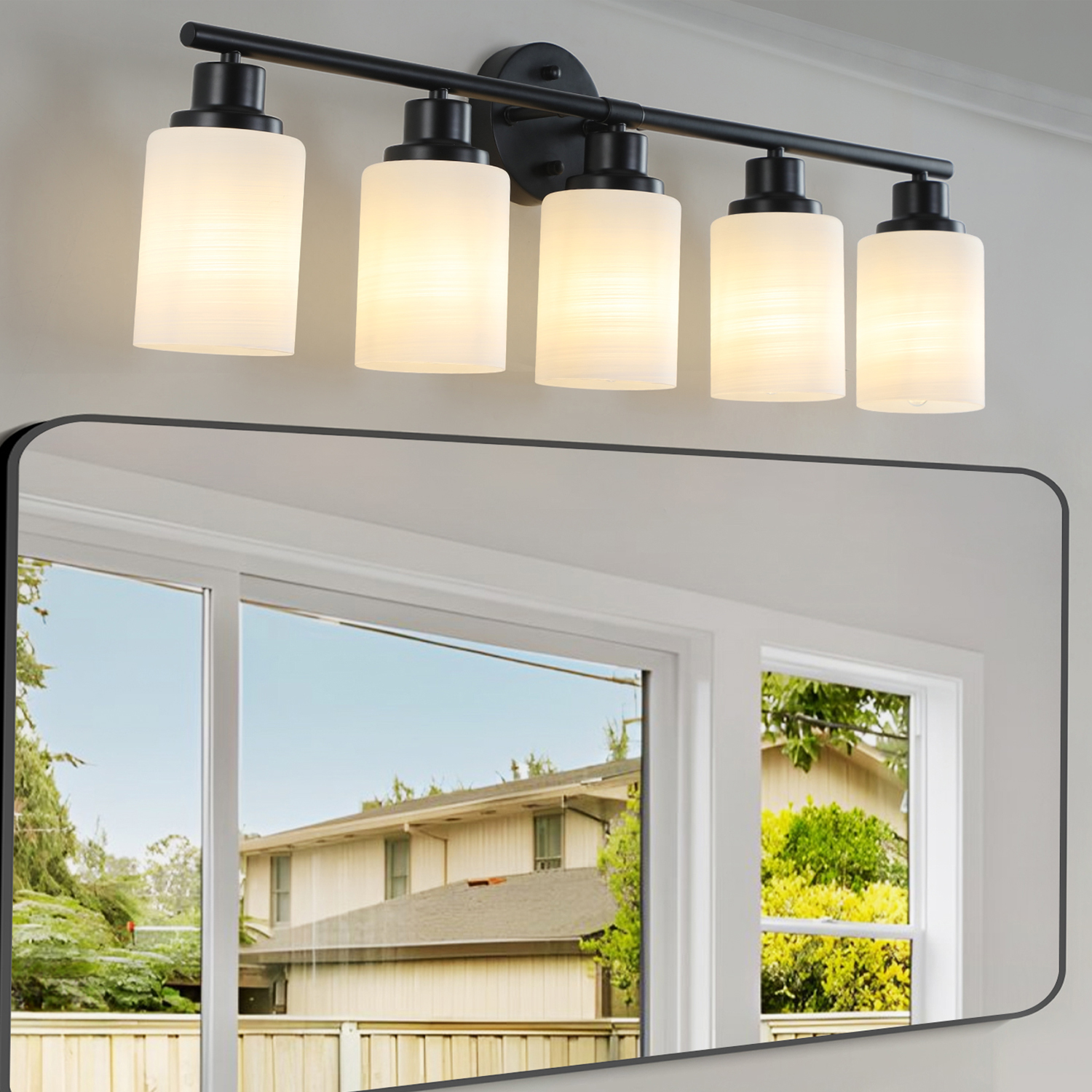 5-Light Black Bathroom Vanity Light with Frosted Glass Shades, Wall Mounted Mirror Lighting for Bathroom or Bedroom, E26 Socket (Bulbs Not Included)