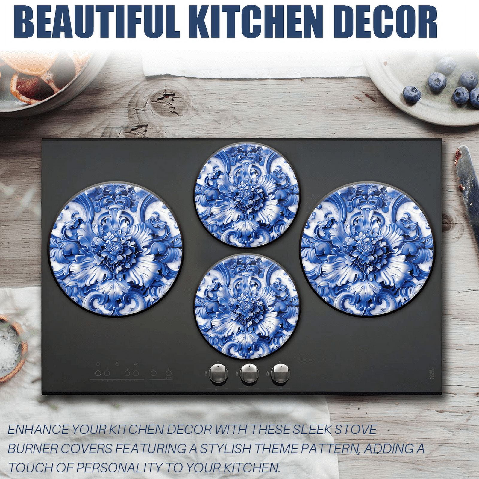 Bahomeck Electric Stove Burner Covers Set Of 4,Blue And White Porcelain Background Floral Ornament Pattern Metal Gas Stove Burner Covers,Protecting Gas Stoves,8 Inch And 10 Inch