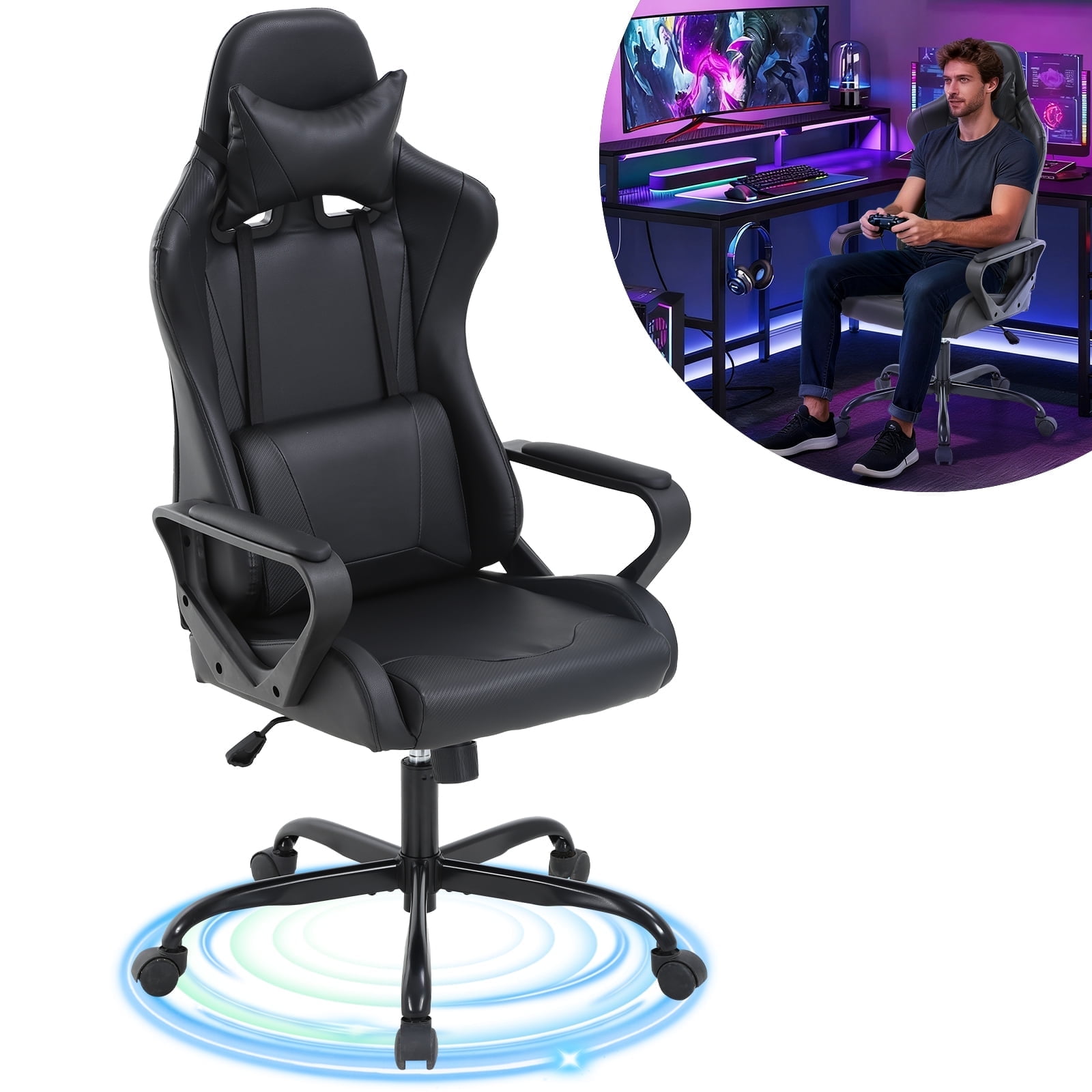 NiamVelo Racing Gaming Chair High-Back Office Chair Pu Leather Gamer Chair Ergonomic Computer Chair with Adjustable Lumbar Support & Headrest for Teens& Adults, Black