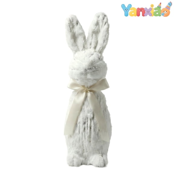 Yanxiao Easter Flocked Bunny Decorations, 12.6" Soft Flocked Easter Bunny Ornaments with Bow Ties, Spring Easter Fluff Bunny Figurines for Home, Indoor and Party Decorations
