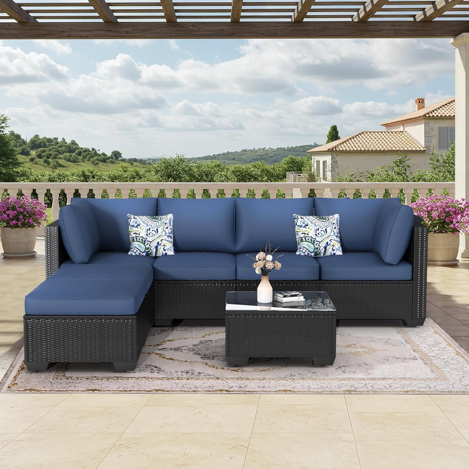Danrelax 7-Piece Outdoor Sectional Sofa Patio Conversation Set, Black PE Rattan Wicker Furniture, Steel Frame in Dark Blue