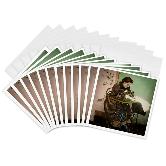 3dRose, Vintage 1890s Woman Sewing Victorian Hand Tinted Photo, 12 Greeting Cards with envelopes