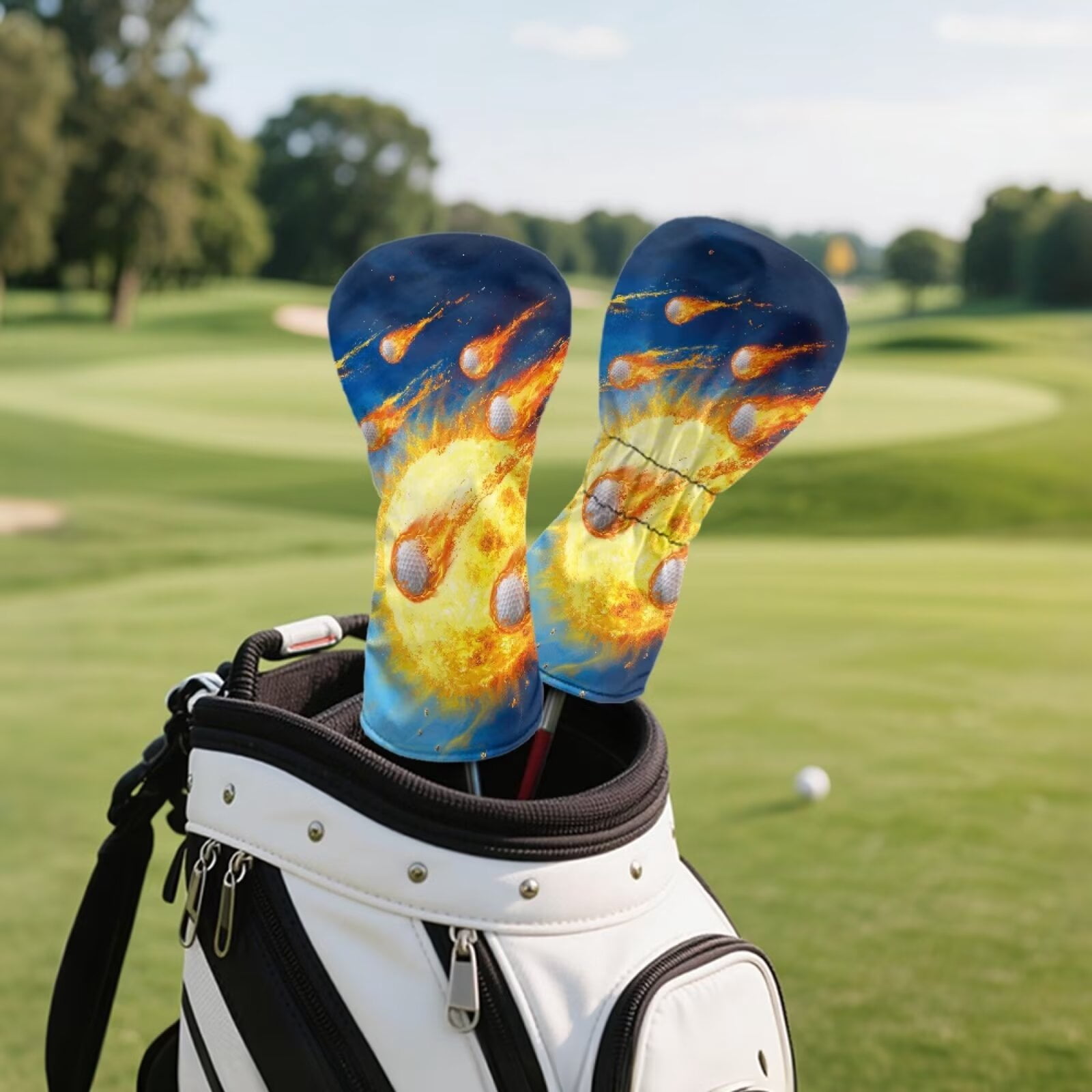 Uorisanigo Golf Club Head Covers for Driver, Fairway Woods and Hybrids, Premium PU Leather Fire Golf Ball Print Golfclub Headcovers, 3 PCS Headcovers Set Accessories Protection