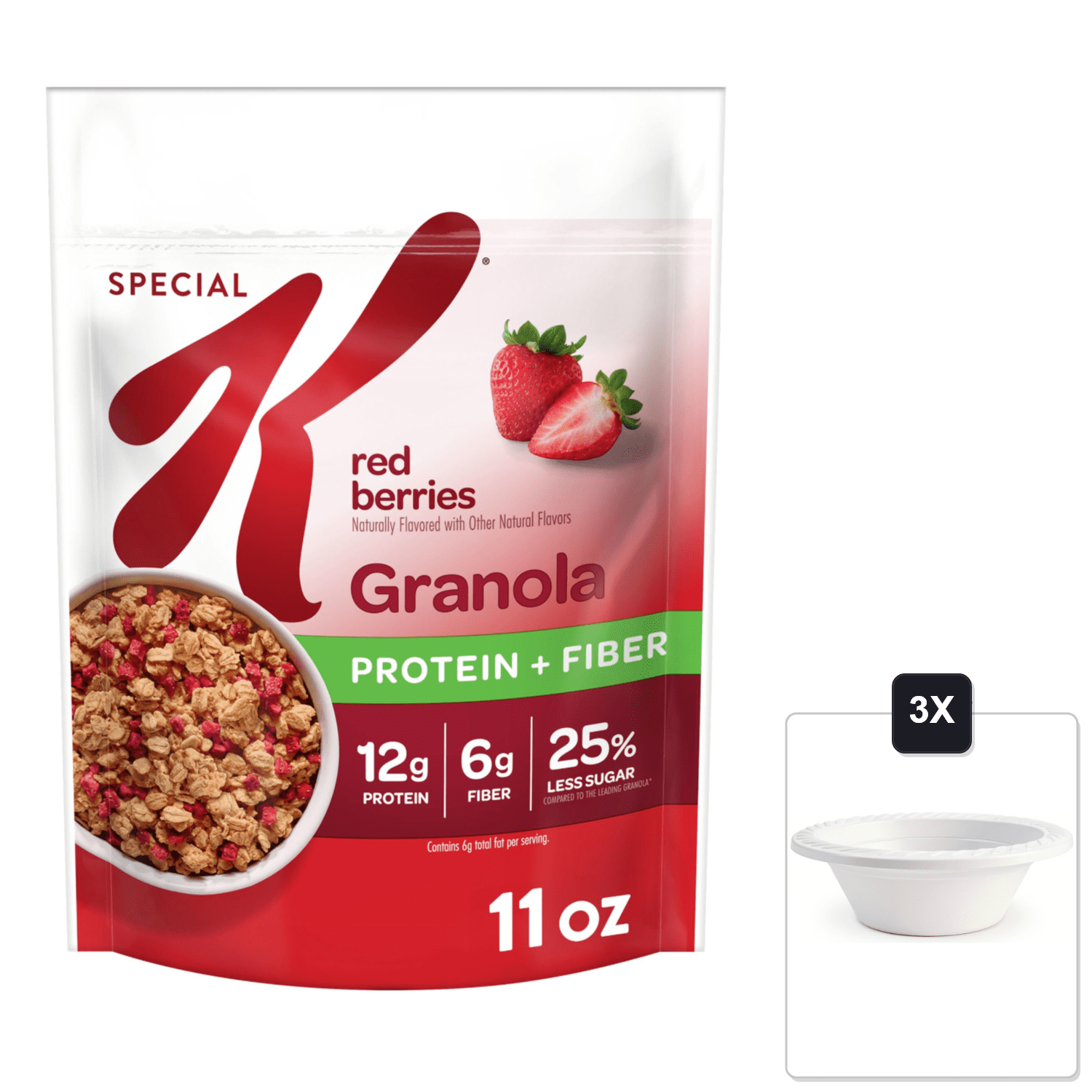 Kellogg’S Special K Granola, Protein Granola, Red Berries, 11 oz Bag (1 Bag) & 3x 12oz Disposable Plastic Bowl