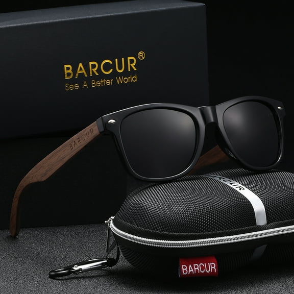 BARCUR Black Walnut Sunglasses Wood Polarized Sunglasses Men And Women Glasses UV400 Protection Eyewear Original Box, Best Gift for Father's Day