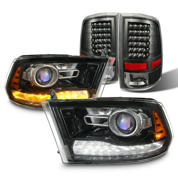 AKKON - For Dodge Ram 09-18 LED DRL Projector Black Headlights With LED Black Brake Lamp Taillights