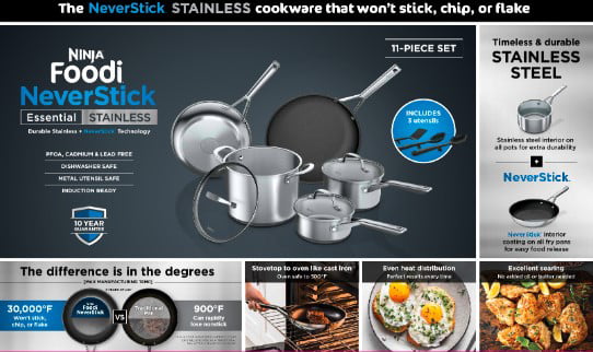 Ninja Foodi Neverstick Essential Stainless 11pc Cookware Set - C79800