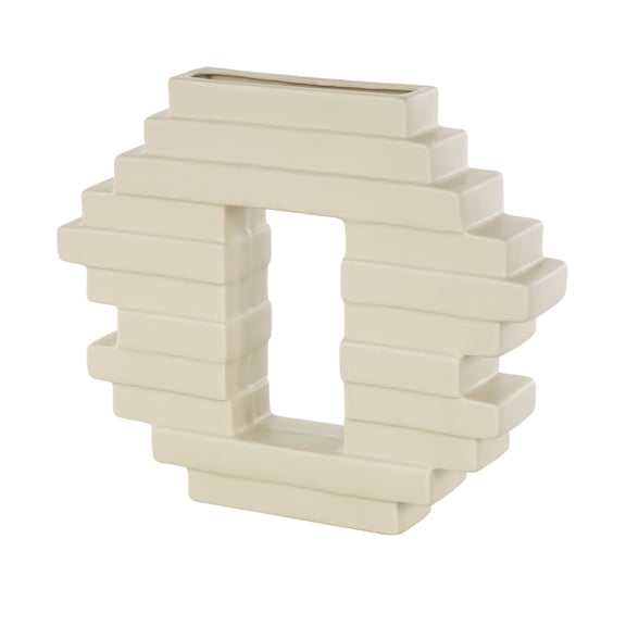 DecMode 10" Abstract Cream Ceramic Vase with Rectangular Center Cutout