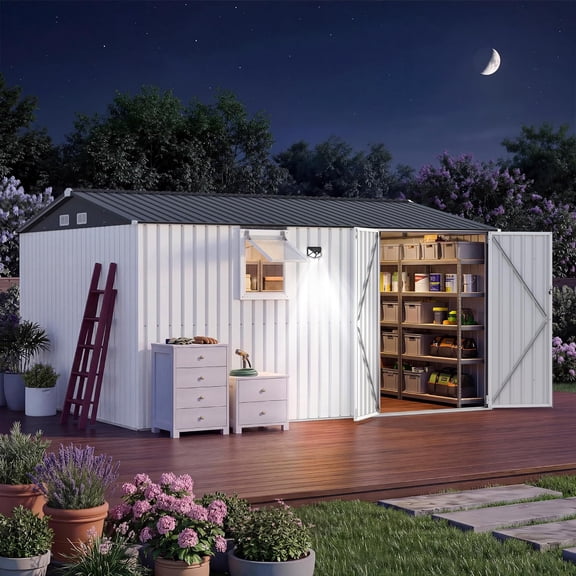 12x10 Ft Metal Storage Shed - Sloping Roof Push Window LED Light Lockable Doors